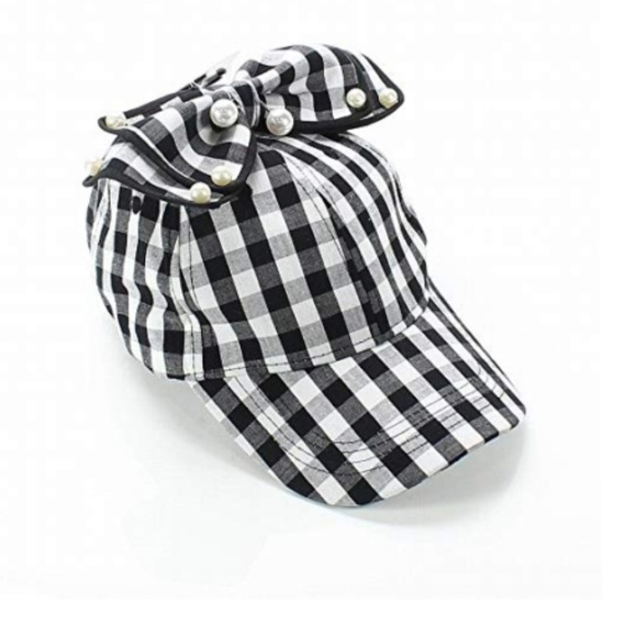 Black&White Plaid Bow Pearls Baseball Hat Cap - Picture 1 of 3